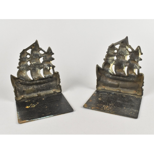 36 - A Pair of Early 20th Century Brass Novelty Bookends in the Form of Three Masted Ships, 'Saucy Jane',... 