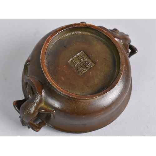 55 - A Small Chinese Bronze Censer, Handles Formed Two Dragons, Four Character Mark to Base, 8.5cms Diame... 