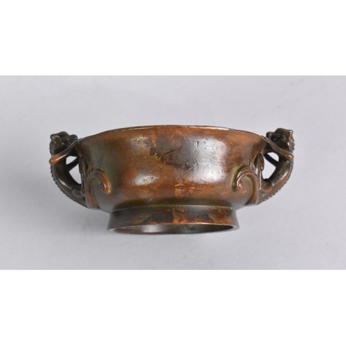 55 - A Small Chinese Bronze Censer, Handles Formed Two Dragons, Four Character Mark to Base, 8.5cms Diame... 