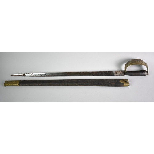 81 - A Far Eastern Short Sword with Brass Guard and Leather and Brass Scabbard, Total Length 59cms