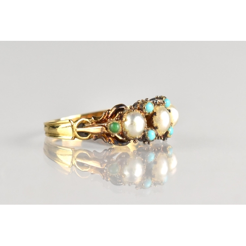 10 - A 19th Century Pearl and Turquoise Ring comprising Three Matched Oval Pearls in Six Claws and Punctu... 