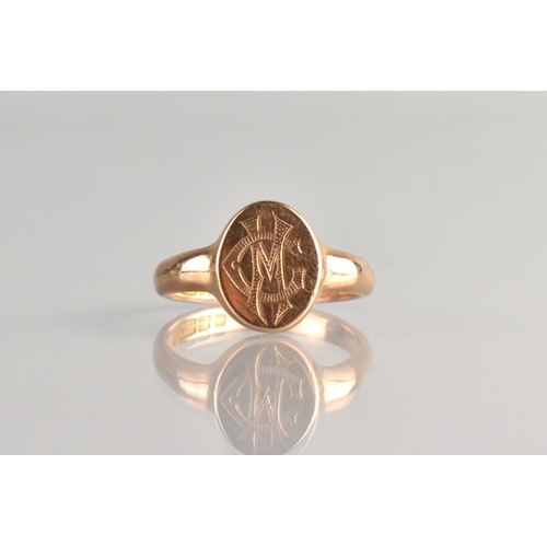 18 - A 9ct Rose Gold Signet Ring, Oval Head Monogrammed GM, Birmingham 1918, Polished D Shaped Band, 4.5g... 