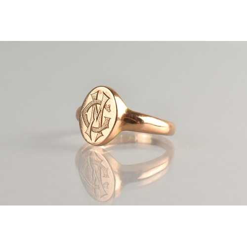 18 - A 9ct Rose Gold Signet Ring, Oval Head Monogrammed GM, Birmingham 1918, Polished D Shaped Band, 4.5g... 