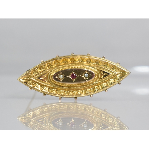 33 - A Late Victorian Etruscan Revival Red Paste and Seed Pearl Set Lozenge Shape Brooch in 9ct Gold, Gra... 