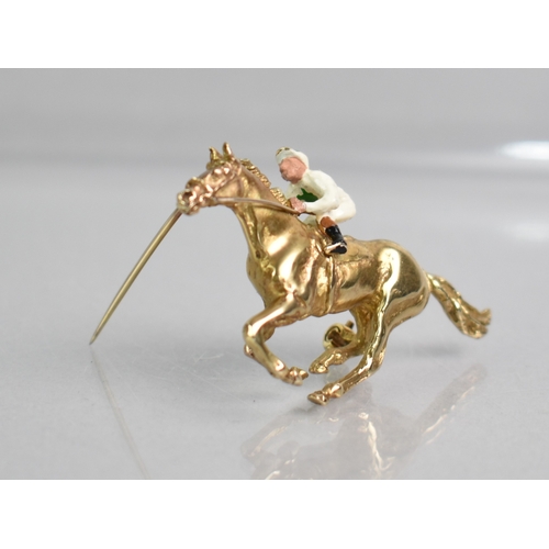 2 - A 9ct Gold and Enamel Brooch, Race Horse and Jockey, Realistically Modelled Horse in Full Gallop and... 