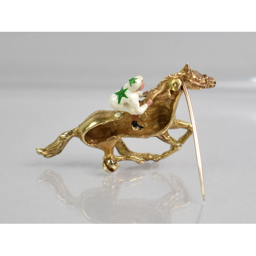 2 - A 9ct Gold and Enamel Brooch, Race Horse and Jockey, Realistically Modelled Horse in Full Gallop and... 