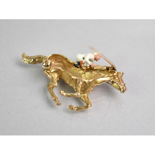 2 - A 9ct Gold and Enamel Brooch, Race Horse and Jockey, Realistically Modelled Horse in Full Gallop and... 