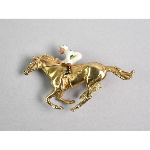 2 - A 9ct Gold and Enamel Brooch, Race Horse and Jockey, Realistically Modelled Horse in Full Gallop and... 