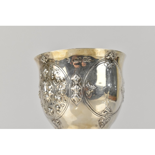 197 - A Victorian Silver Presentation Goblet with Floral and Fleur De Lys Motif Repoussé Decoration, Inscr... 