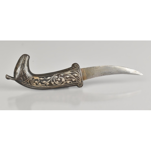 130 - A 19th Century Style Indo-Persian Silver Inlaid Niello Dagger Having Horse Head Handle and Curved Bl... 