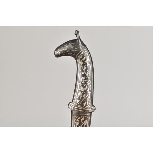 130 - A 19th Century Style Indo-Persian Silver Inlaid Niello Dagger Having Horse Head Handle and Curved Bl... 