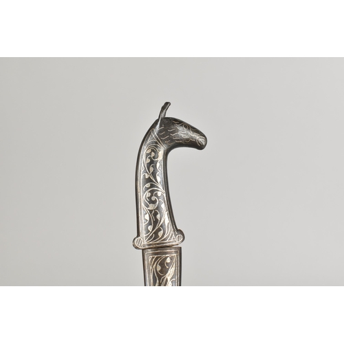 130 - A 19th Century Style Indo-Persian Silver Inlaid Niello Dagger Having Horse Head Handle and Curved Bl... 