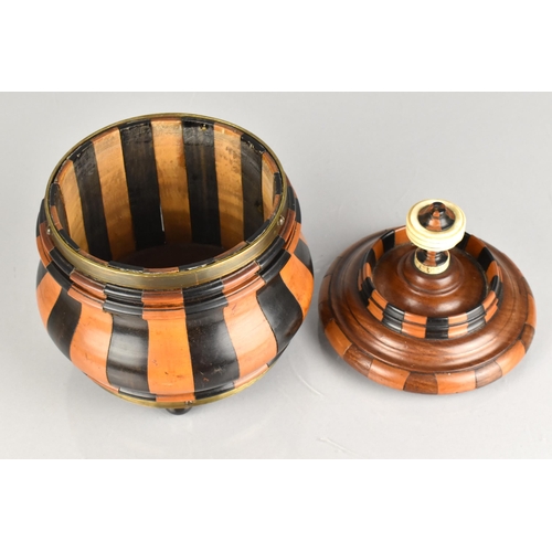 126 - A 19th Century Dutch Banded Treen Pot and Cover with Brass Mounts and Ivory Finial Raised on Three F... 