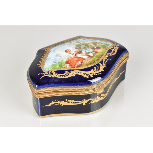 334 - A 19th Century Sevres Style Porcelain Box with Hinged Lid Hand Painted with Cartouche of Lovers in E... 