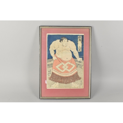 258 - Three Japanese Late Meiji Woodblock Prints After Utagawa Kunisada, Sumo Wrestler, Maiden in Exterior... 