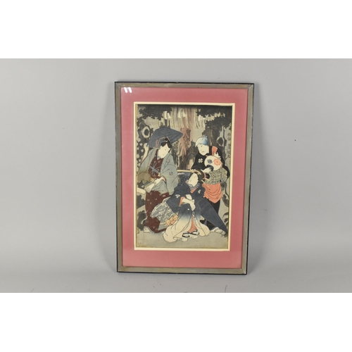 258 - Three Japanese Late Meiji Woodblock Prints After Utagawa Kunisada, Sumo Wrestler, Maiden in Exterior... 