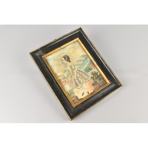 348 - A 19th Century Framed Naive Watercolour, Girl with Skipping Rope in Exterior Garden Setting, Subject... 