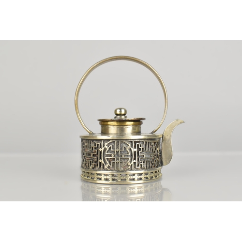 247 - A Chinese Qing Dynasty White Metal Paktong Teapot with Geometric Design Having Loop Handle, Signed t... 