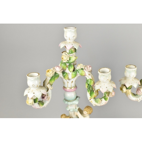 332 - A Pair of Late 19th/Early 20th Century German Porcelain Three Branch Candelabra, the Support Modelle... 