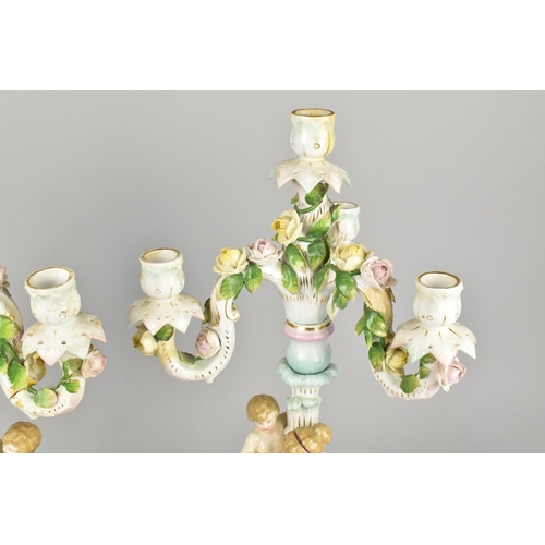 332 - A Pair of Late 19th/Early 20th Century German Porcelain Three Branch Candelabra, the Support Modelle... 