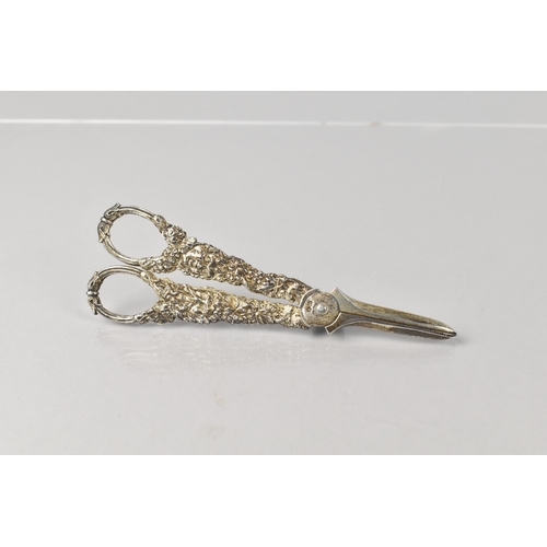 214 - A Pair of Elizabeth II Silver Grape Scissors by Wakely and Wheeler with Vine and Mask Cast Handles, ... 