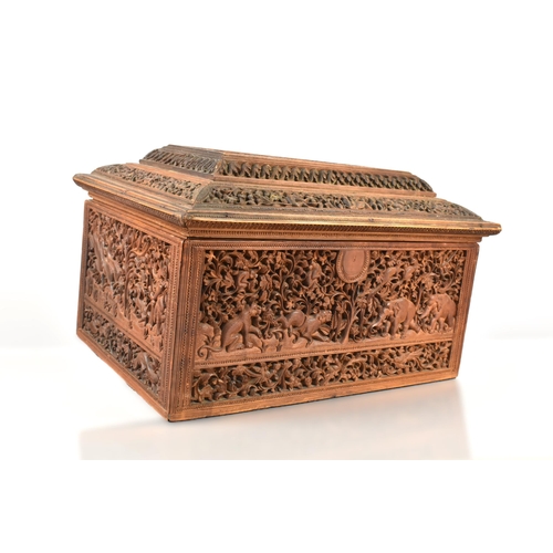 96 - A Late 19th/Early 20th Century Anglo-Indian Sandalwood Box of Sarcophagus Form, Profusely Carved wit... 