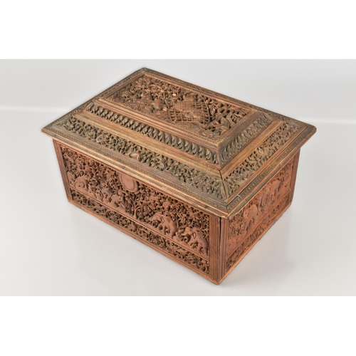 96 - A Late 19th/Early 20th Century Anglo-Indian Sandalwood Box of Sarcophagus Form, Profusely Carved wit... 