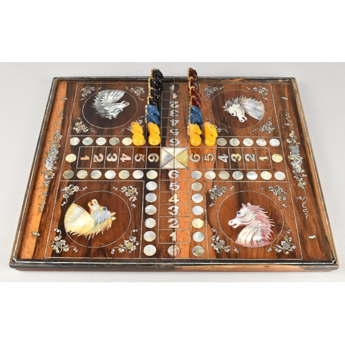 95 - A 20th Century Folding Mother of Pearl Inlaid Ludo Board with Horse Head Design and Scrolled Decorat... 