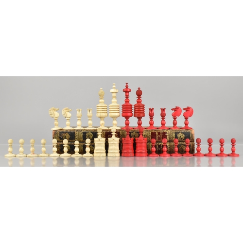 94 - A Late 19th/Early 20th Century Carved Stained and Natural Bone Barleycorn Chess Set, Kings 12.5cm Hi... 