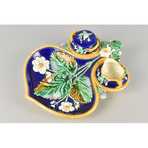 265 - A Late 19th Century Wedgwood Majolica Strawberry and Cream Set, the Shaped Dish with Flowering Straw... 