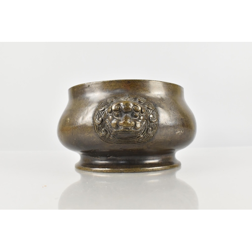 250 - A Chinese Bronze Censer with Twin Temple Lion Mask Handles, Seal Mark to Base, 18cm wide Max and 7.5... 