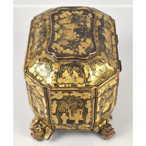 246 - A Chinese Qing Dynasty Export Lacquer Tea Caddy, 19th Century, of Sarcophagus Form Decorated in Gilt... 