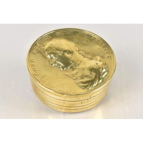 168 - A 19th Century Brass Snuff Box, the Lid with Relief Portrait Bust of Admiral Lord Nelson, 6.5cm Diam... 