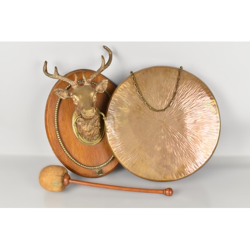 153 - An Early 20th Century Bronze Stag Wall Mounting Dinner Gong on Oak Oval Plaque, Complete with Clappe... 