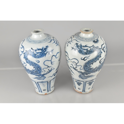 245 - A Pair of Chinese Yuan Dynasty Style Blue and White Vases of Meiping Form Decorated with Dragons, 31... 