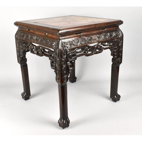 242 - A 19th Century Chinese Urn Stand/Low Table with a Marble Top Over Carved and Pierced Side Rails Supp... 