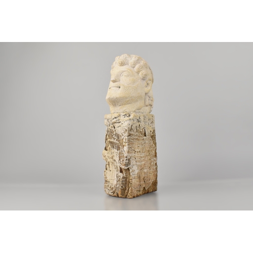 122 - An Interesting Stone Head of an Assyrian King Mounted on a Wooden Plinth, 35cm high