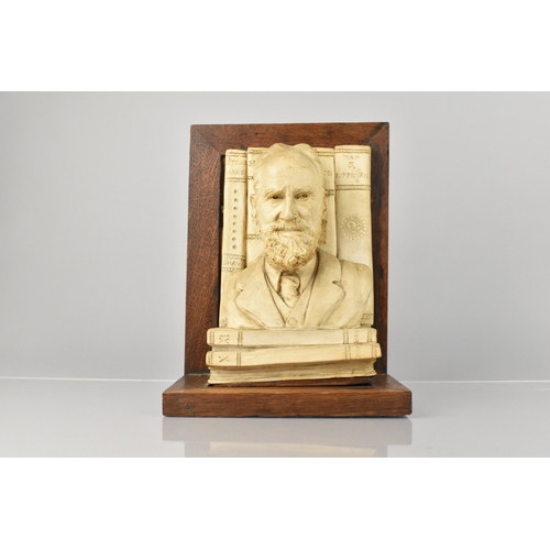 118 - An Early 20th Century Plaster Library Bust of George Bernard Shaw Surrounded by His Works, In Oak Fr... 