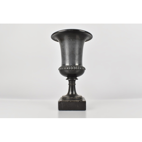 123 - An Early 19th Century Ashford Marble Campana Urn with Etched Decoration, 22cm high