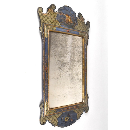 357 - An Early 20th Century Chinoiserie Painted Wall Mirror with Gilt Decoration on a Blue Ground, 57x31cm