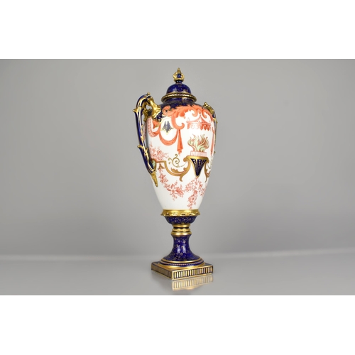 279 - A Royal Crown Derby Pedestal Urn Decorated with Flame and Swags on Cobalt Blue Ground, Enriched with... 