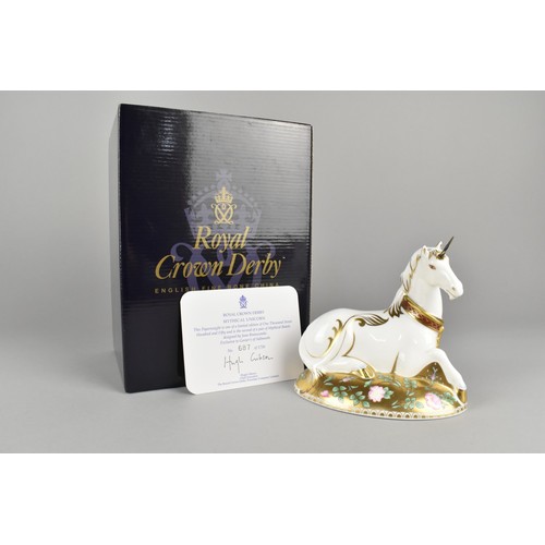 286 - A Royal Crown Derby Limited Edition Paperweight, Mythical Unicorn, No. 687/1750, with Gold Button