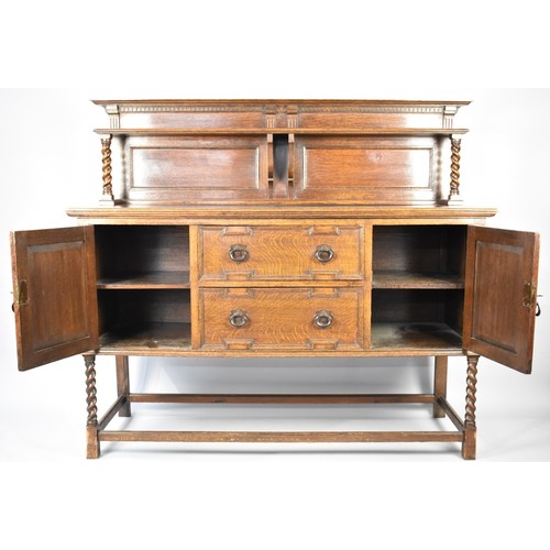 375 - An Edwardian Oak Sideboard with Two Centre Drawers Flanked by Cupboard with Raised Galleried Shelf O... 