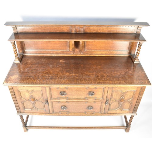 375 - An Edwardian Oak Sideboard with Two Centre Drawers Flanked by Cupboard with Raised Galleried Shelf O... 