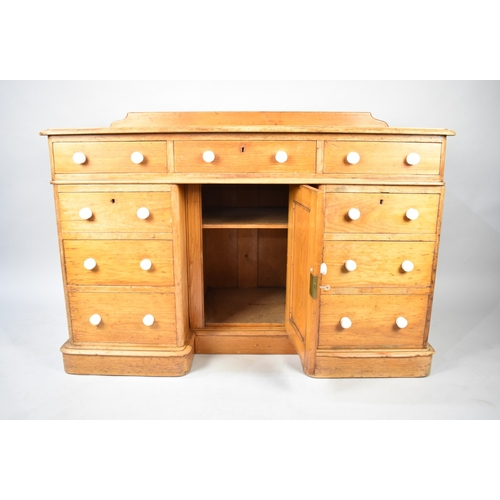 108 - A Victorian Galleried Kneehole Pine Desk with Centre Drawer over Central Cupboard and Four Drawers E... 