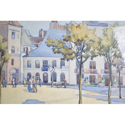 148 - A Framed French Watercolour by Helen Paull, French Town Square, 37x27cms