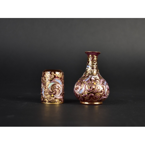 17 - A Miniature Italian Ruby Glass Flask and Beaker Set with Gilt and Enamelled Decoration, 8cms High