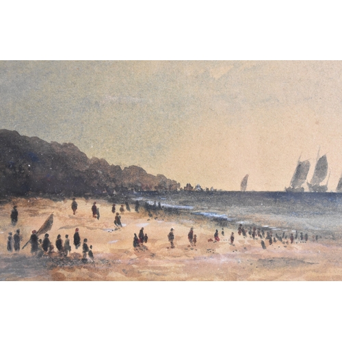 176 - A 19th Century Gilt Framed Watercolour Depicting Figures on Beach with Ships in Distance, 19x12cms