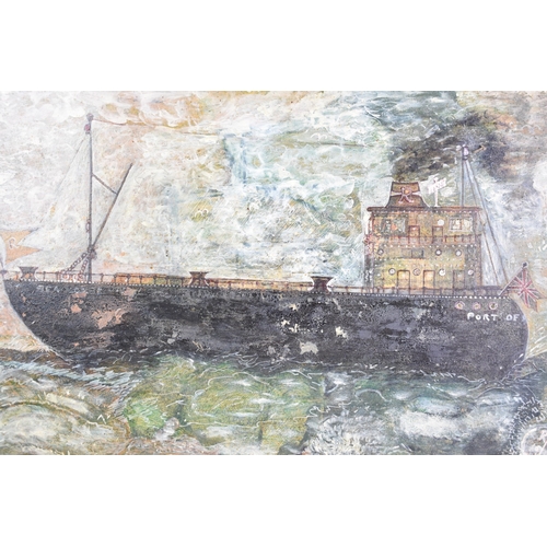 217 - A Framed Oil on Board, Cargo Ship, 75x48cms