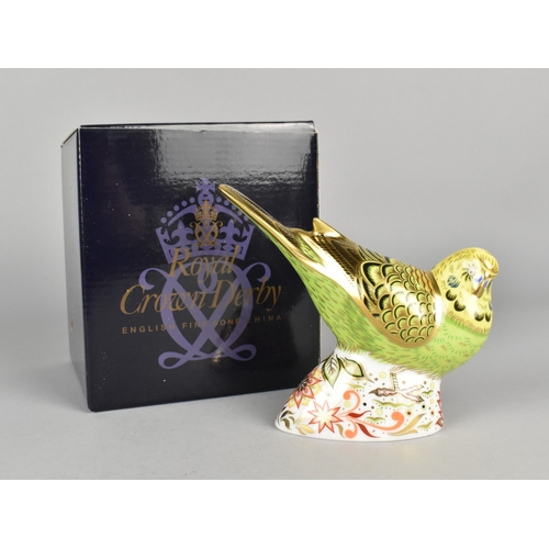 340 - A Limited Edition Royal Crown Derby Paperweight, Green Budgerigar, Gold Button